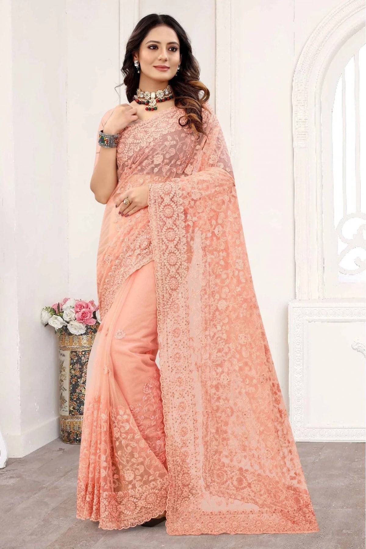 Peach Net Designer Saree NCSD10910603