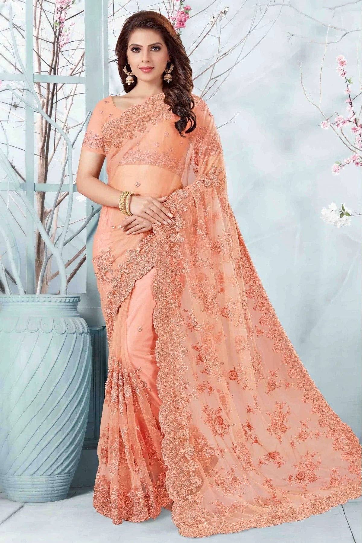 Peach Net Designer Saree NCSD10910702