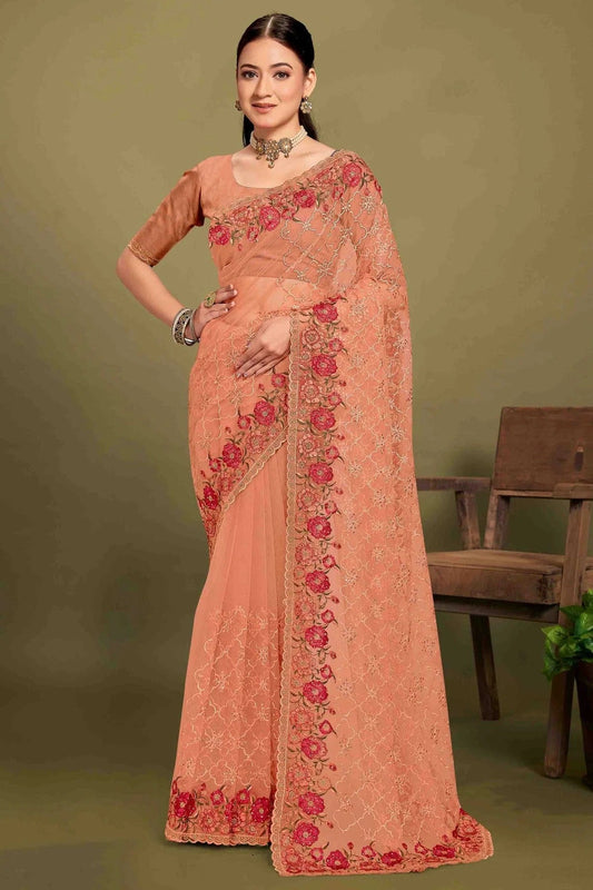 Peach Net Embroidery Designer Saree NCSD10910113