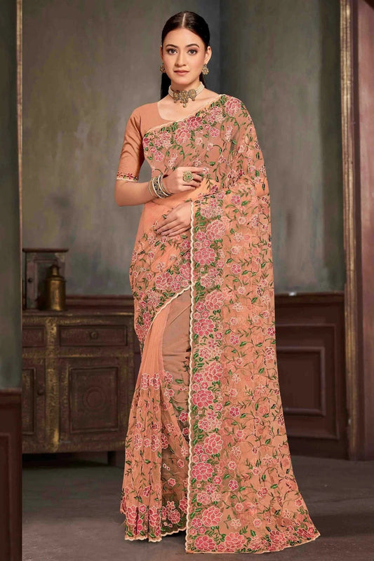 Peach Net Embroidery Designer Saree NCSD10910118