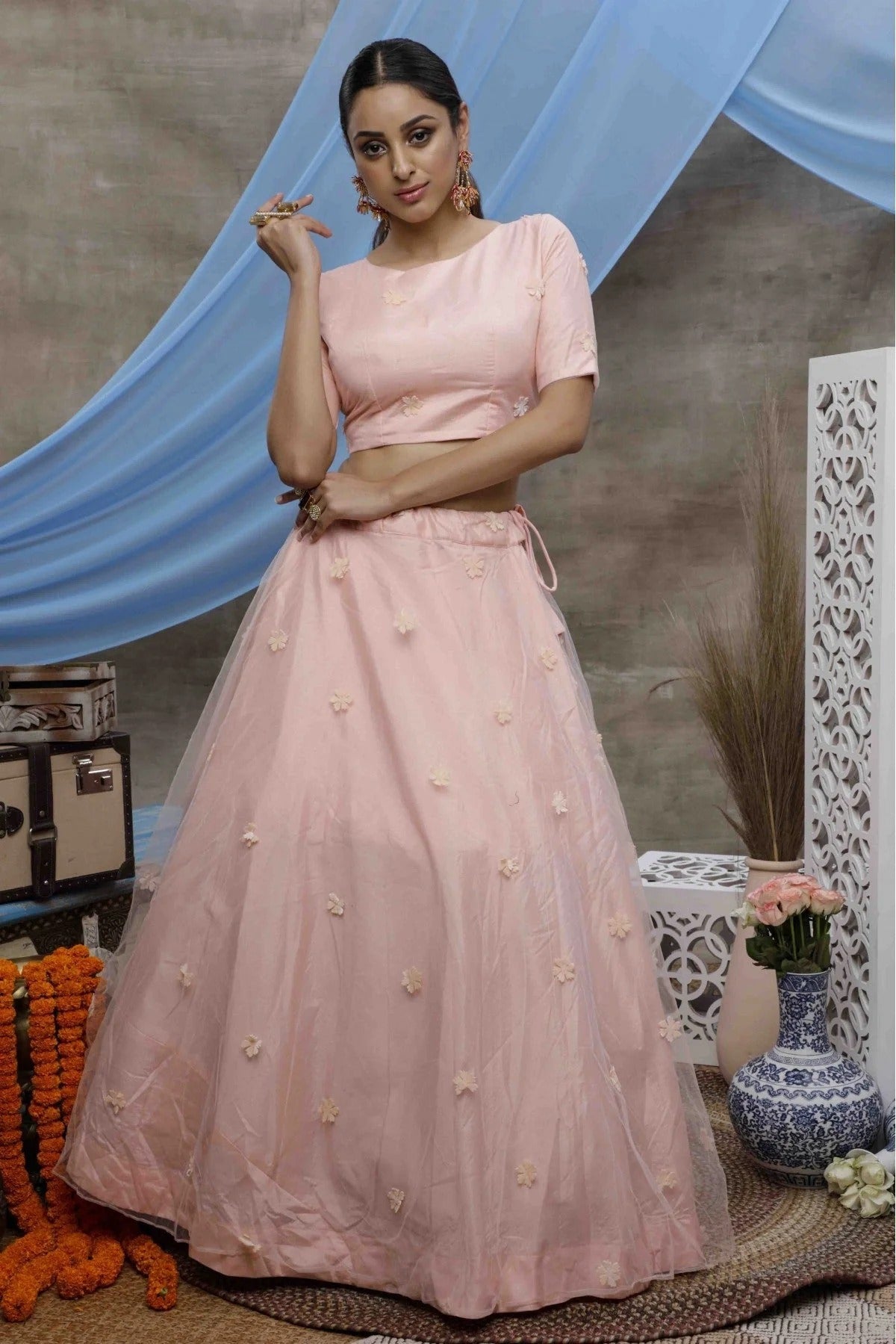 Peach Net Embroidery Lehenga Choli NCLC11510131