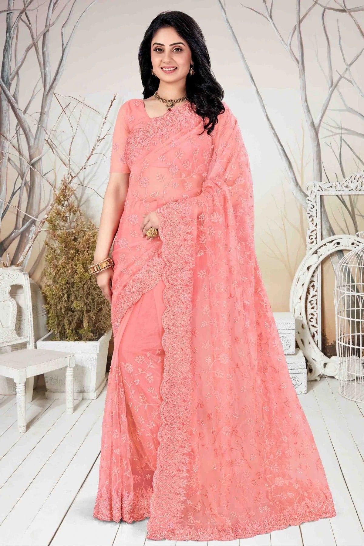 Peach Net Embroidery Saree NCSD10910538
