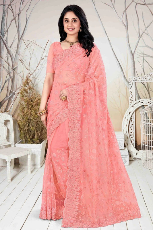 Peach Net Embroidery Saree NCSD10910538