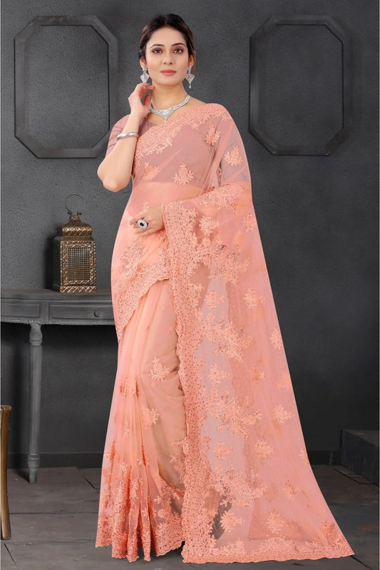 Peach Net Embroidery Saree NCSD10910580