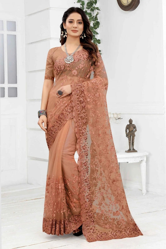Peach Net Embroidery Saree NCSD10910617