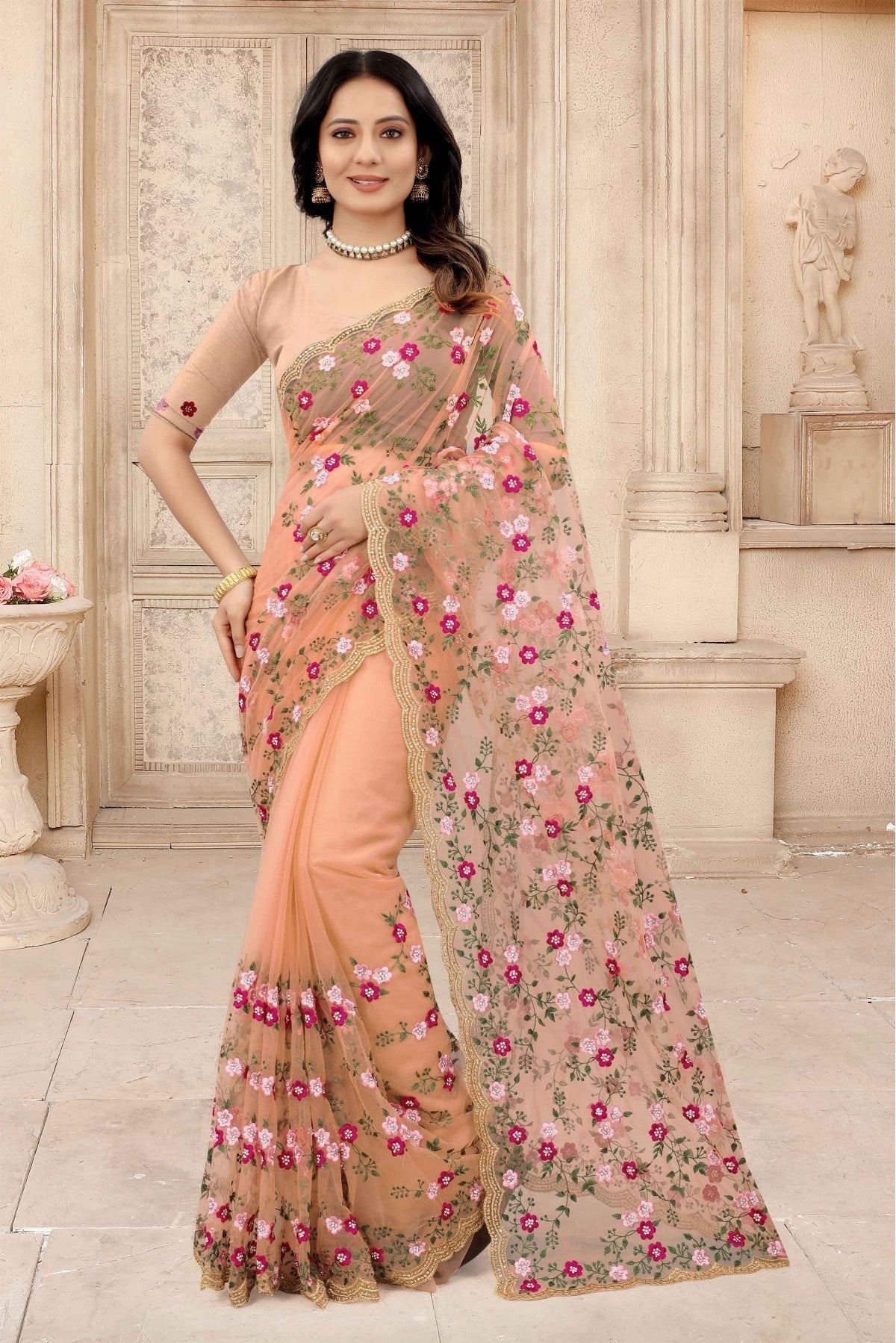 Peach Net Embroidery Saree NCSD10910631