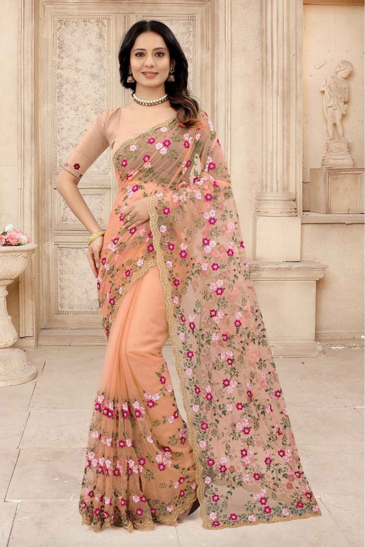 Peach Net Embroidery Saree NCSD10910631