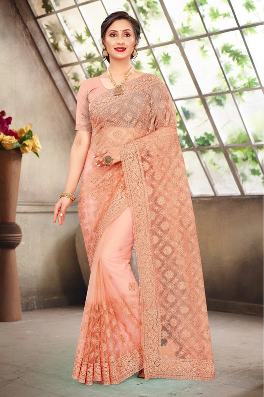 Peach Net Embroidery Saree NCSD10910666