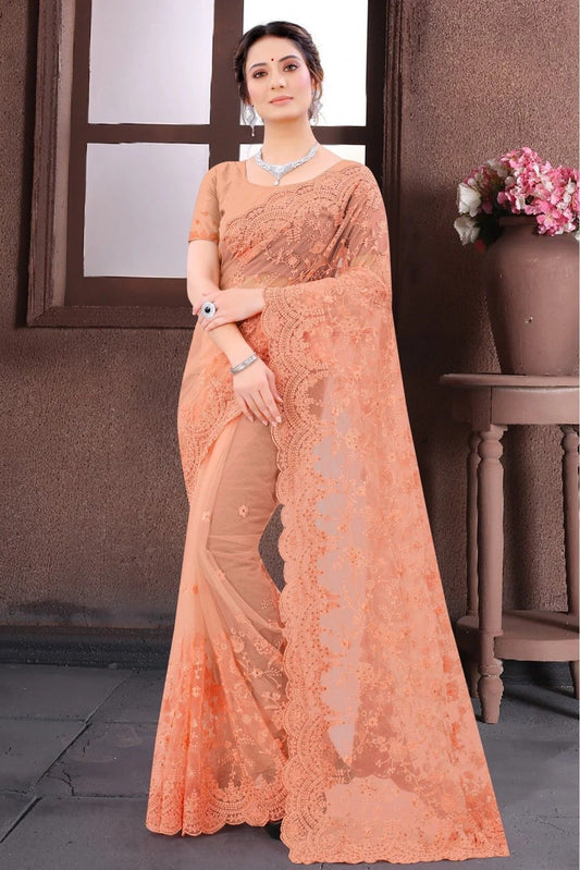 Peach Net Embroidery Saree NCSD10910675