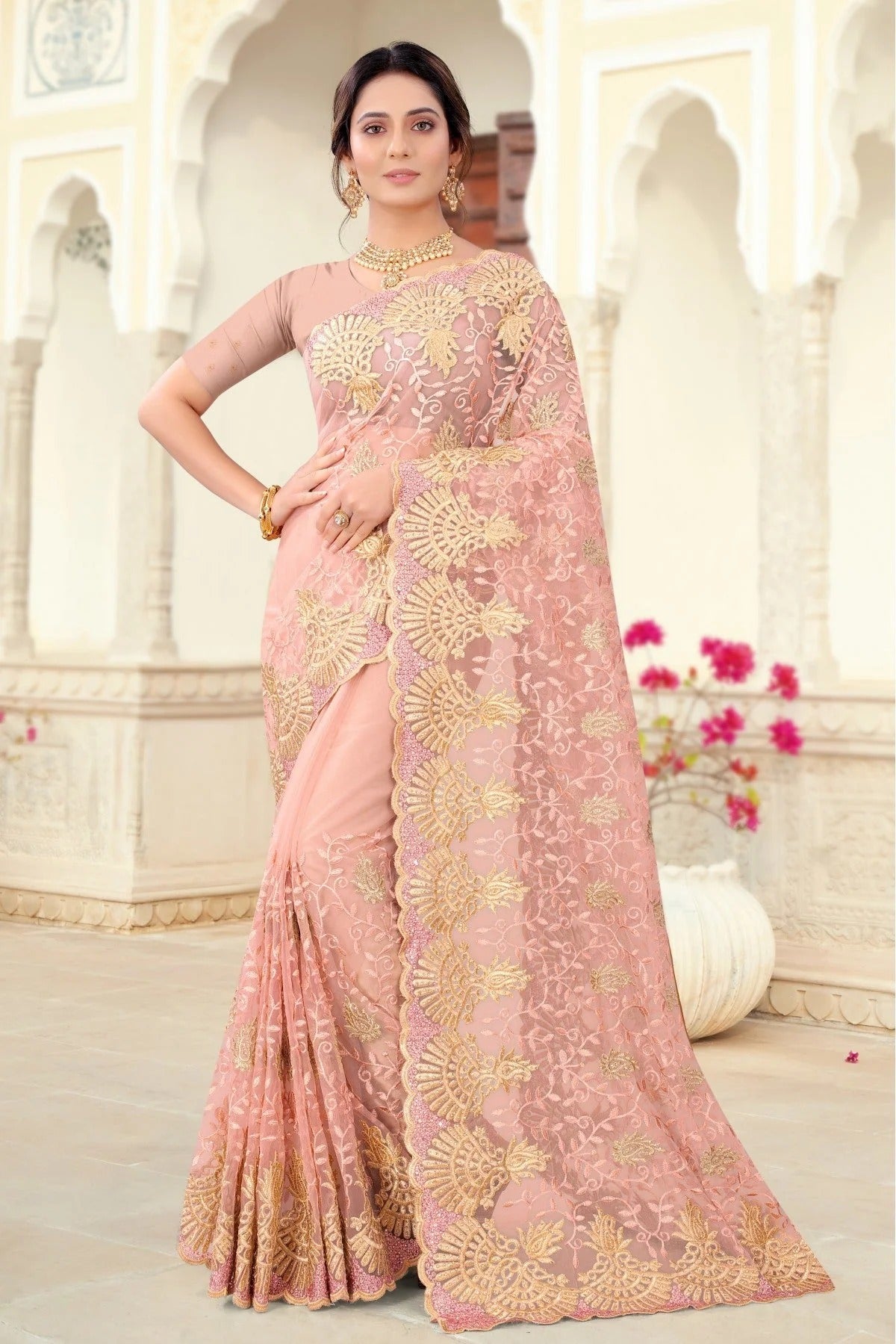 Peach Net Embroidery Saree NCSD10910690