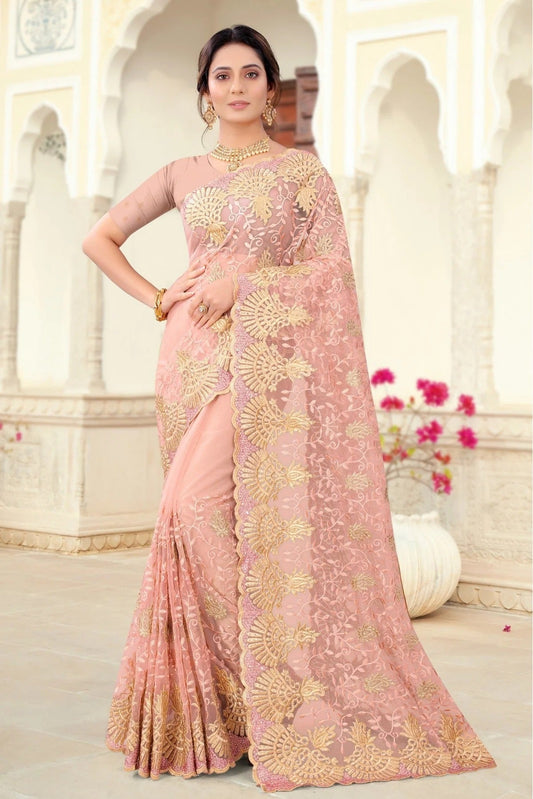 Peach Net Embroidery Saree NCSD10910690