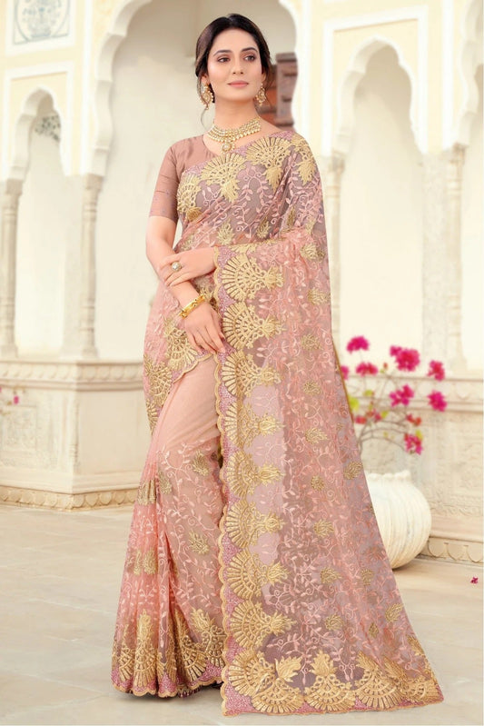 Peach Net Embroidery Saree NCSD10910693