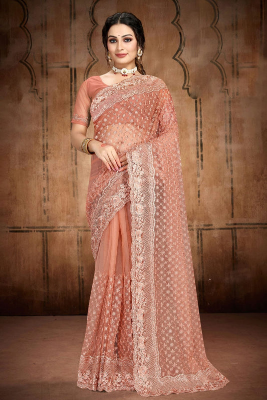 Peach Net Saree NCSD10910438