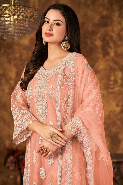 Peach Net Semi Stitched Palazzo Pant Suit NCSM10510395