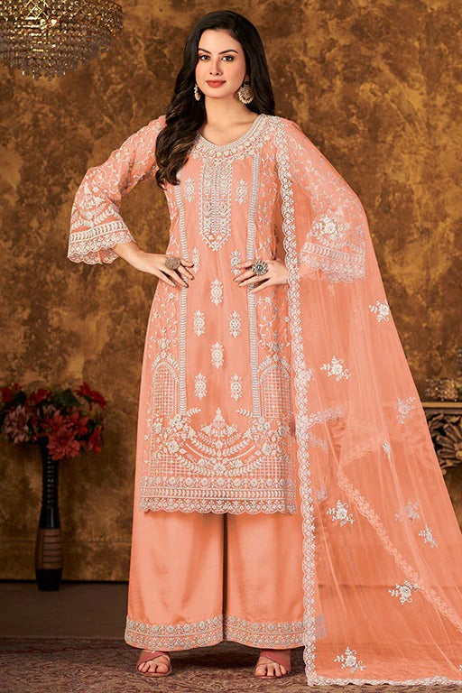Peach Net Semi Stitched Palazzo Pant Suit NCSM10510395