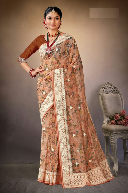 Peach Organza Printed Saree NCLC11210309