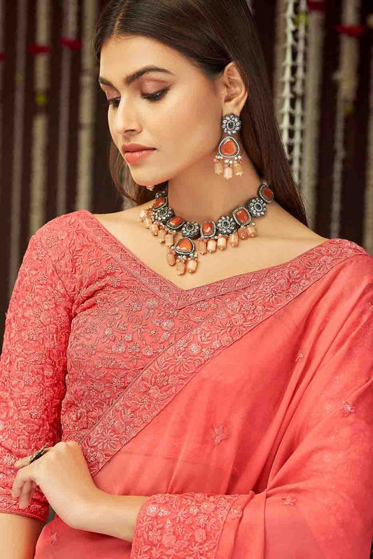 Peach Organza Thread Saree NCSD10810617