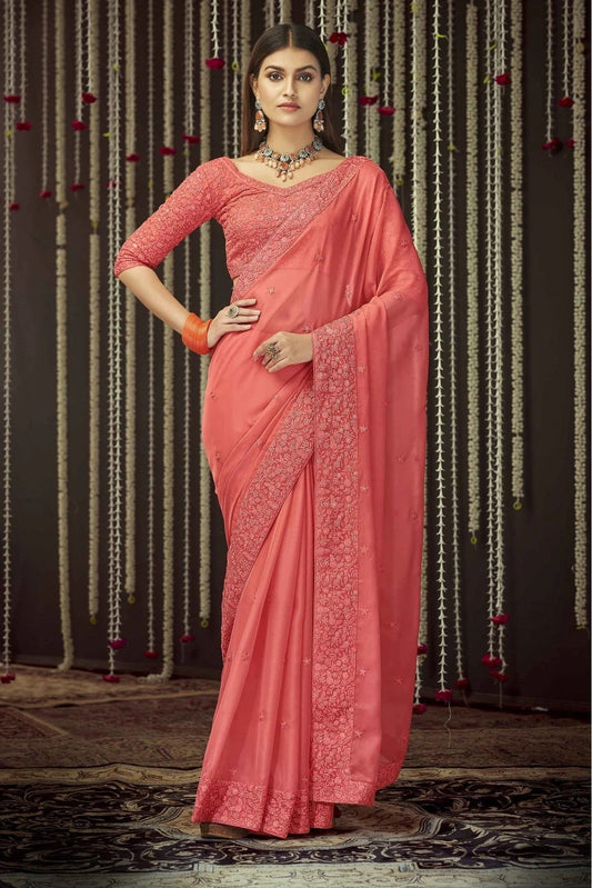 Peach Organza Thread Saree NCSD10810617