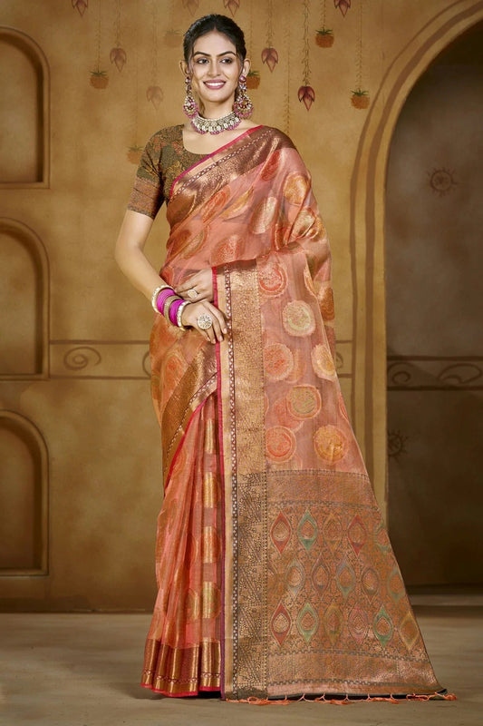 Peach Organza Woven Traditional Saree NCSD11010387