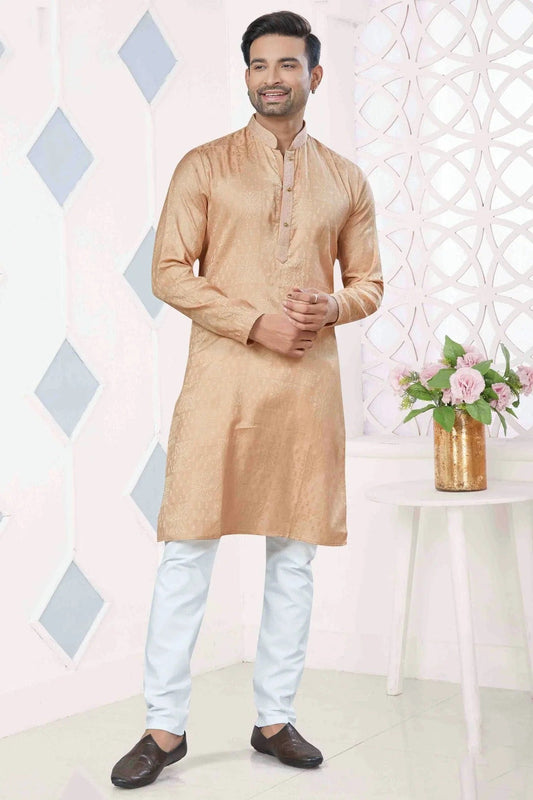 Peach Pintex and Woven Jacquard Silk Kurta Pajama NCKP11110580