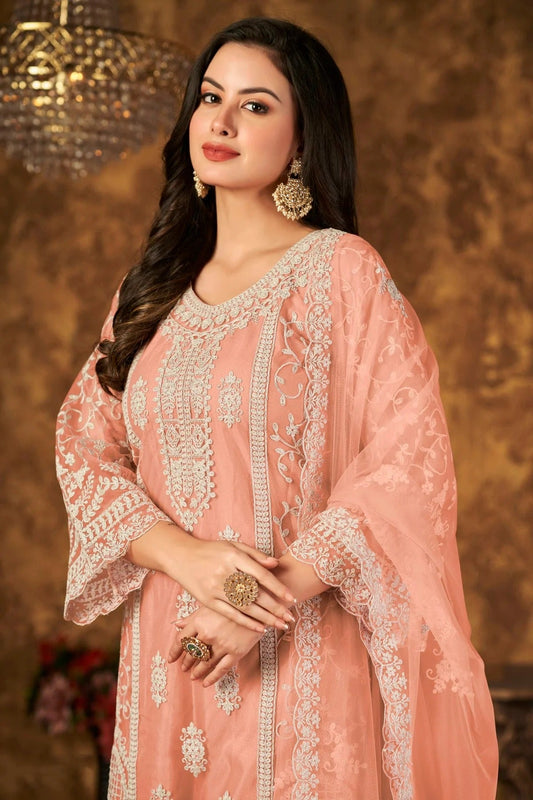 Peach Plazoo Pant SuitNet Semi Stitched  NCSM10510231