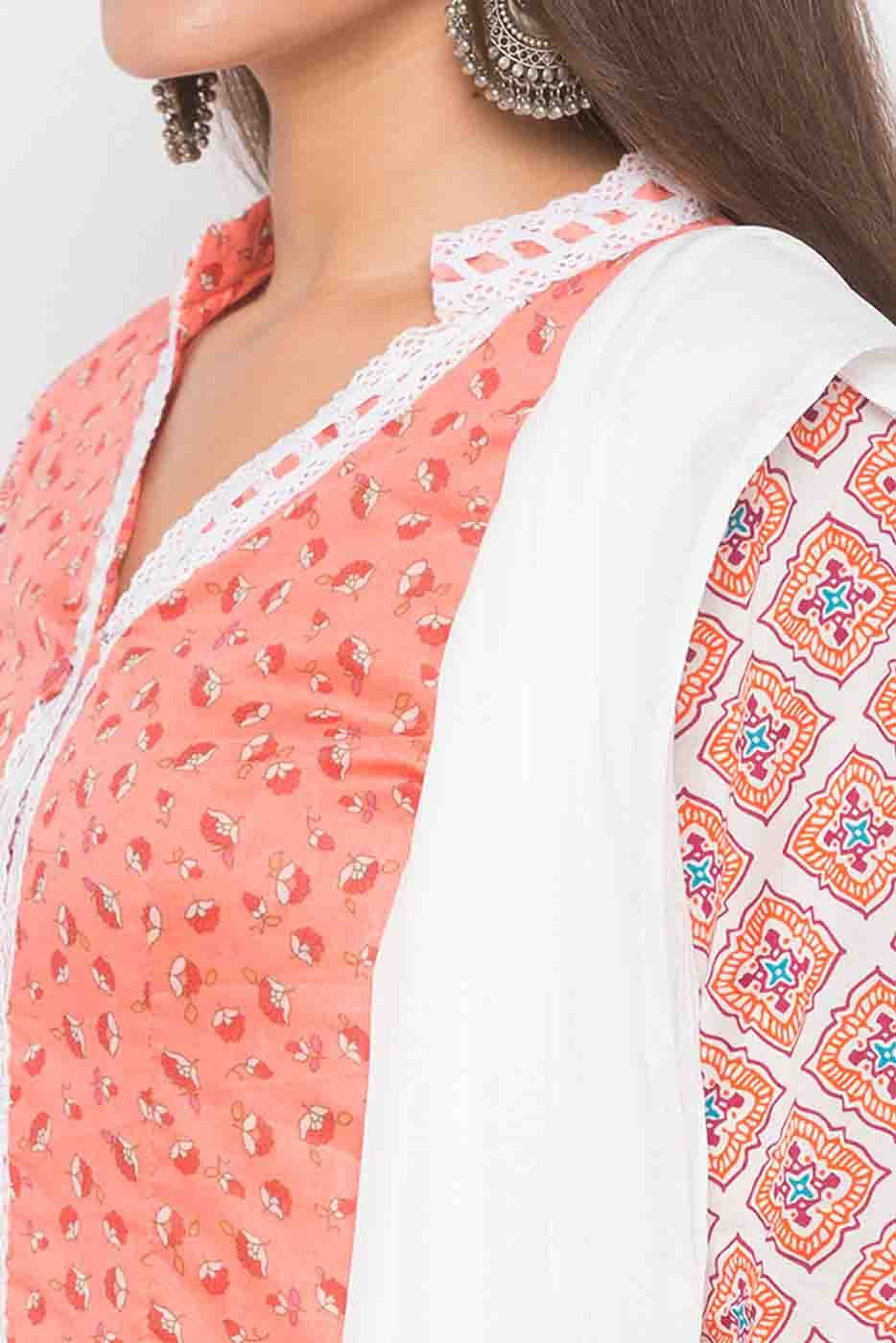 Peach Plus Size Stitched Cotton Embroidery Palazzo Pant Suit NCSS10710580