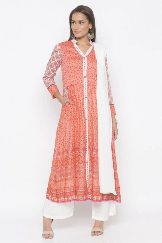 Peach Plus Size Stitched Cotton Embroidery Palazzo Pant Suit NCSS10710580
