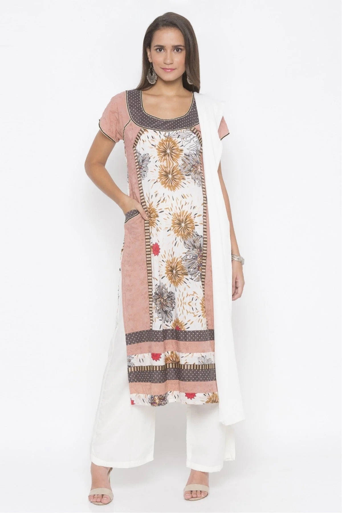 Peach Plus Size Stitched Cotton Embroidery Palazzo Pant Suit NCSS10710581