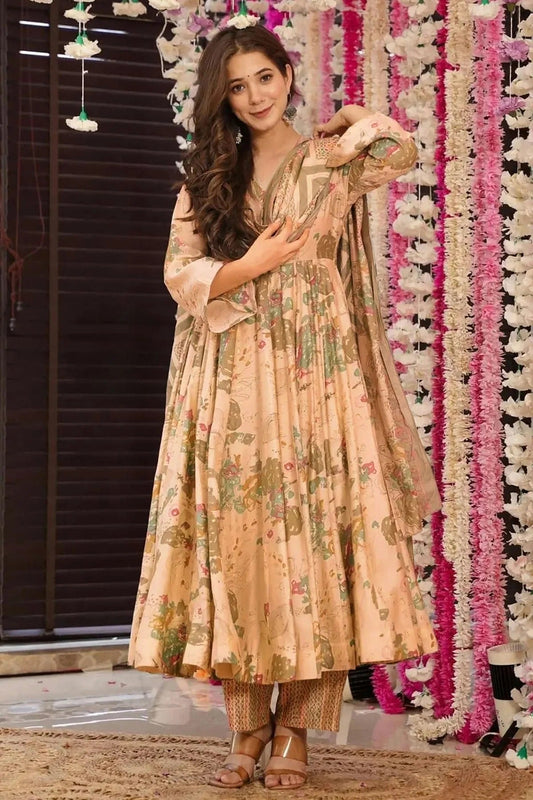 Peach Printed Muslin Stitched Suit NCSS11111299