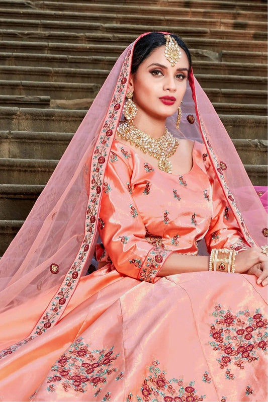 Peach Pure Satin Resham Lehenga Choli NCLC10810510
