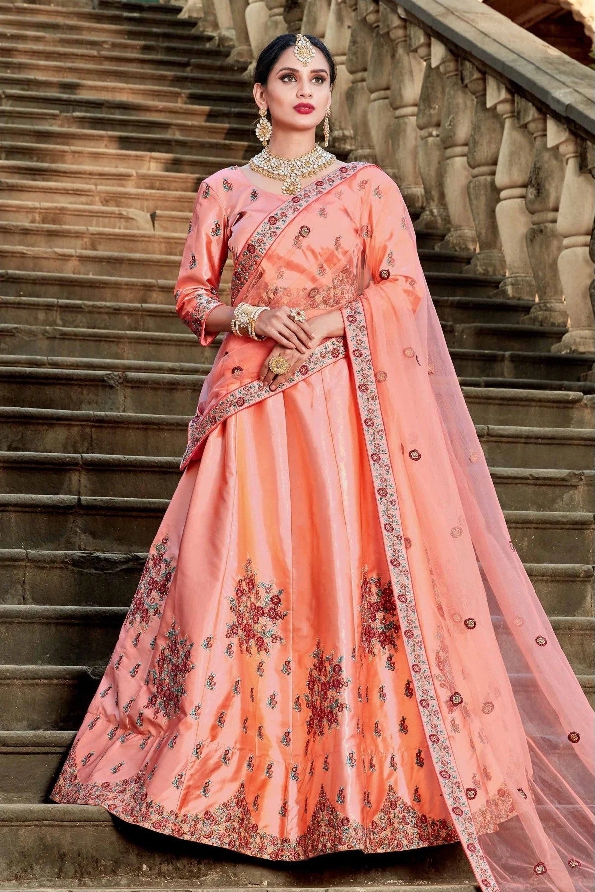 Peach Pure Satin Resham Lehenga Choli NCLC10810510