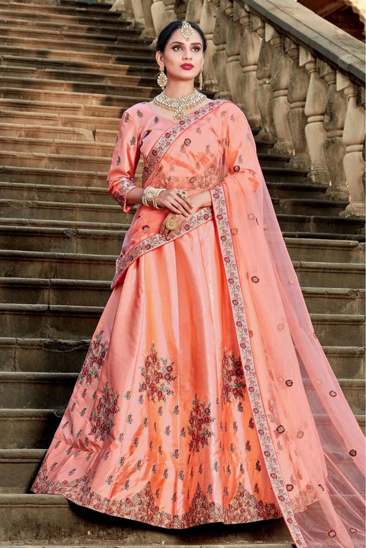 Peach Pure Satin Resham Lehenga Choli NCLC10810510