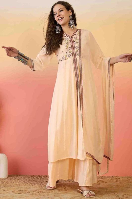 Peach Roman Silk Stitched Palazzo Pant Suit NCSS11110170