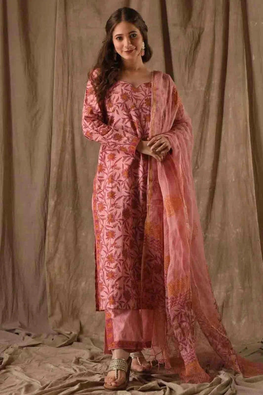 Peach Roman Slub Printed Pant Style Suit NCSS11110313