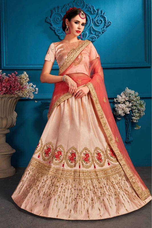 Peach Satin Embroidery Lehenga Choli NCLC10810537