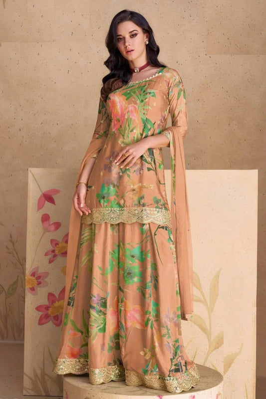 Peach Semi Stitched Chinon Palazzo Pant Suit NCSM11410490