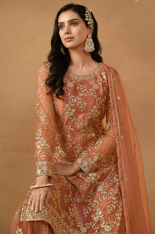 Peach Semi Stitched Net Sharara Suit NCSM10510282