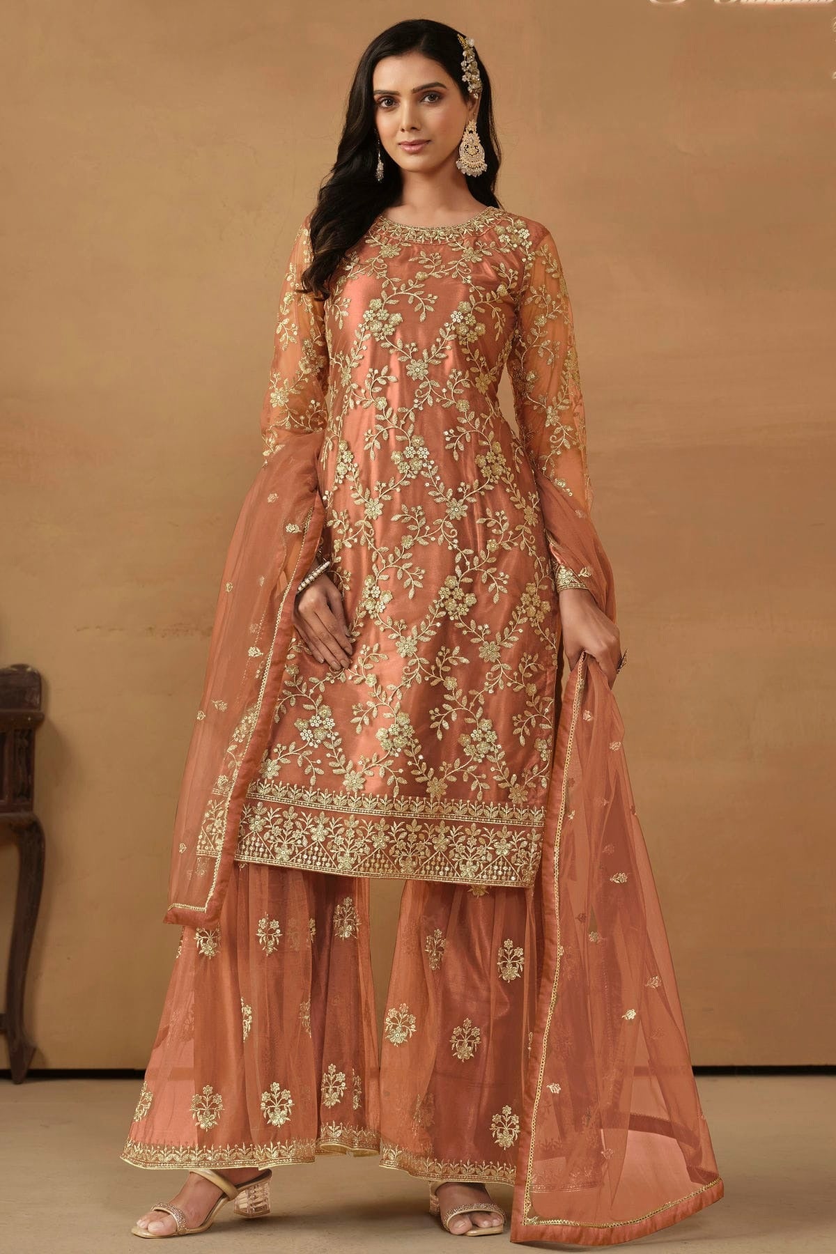 Peach Semi Stitched Net Sharara Suit NCSM10510282