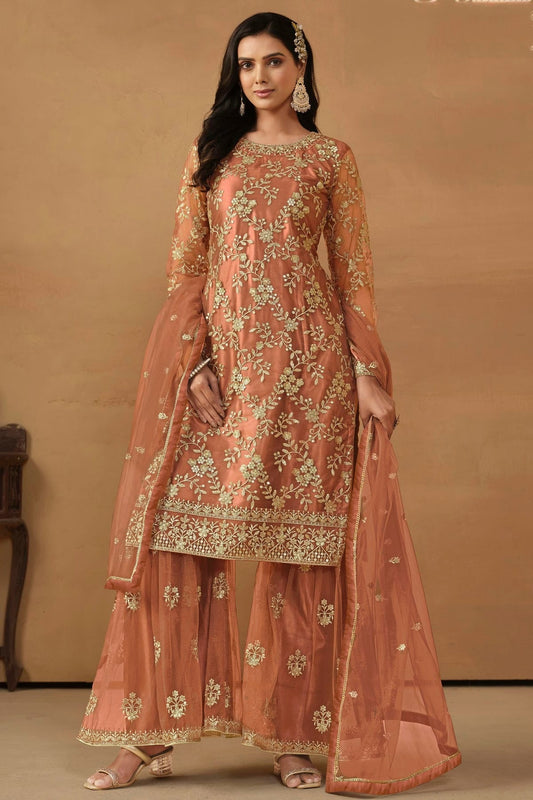 Peach Semi Stitched Net Sharara Suit NCSM10510282
