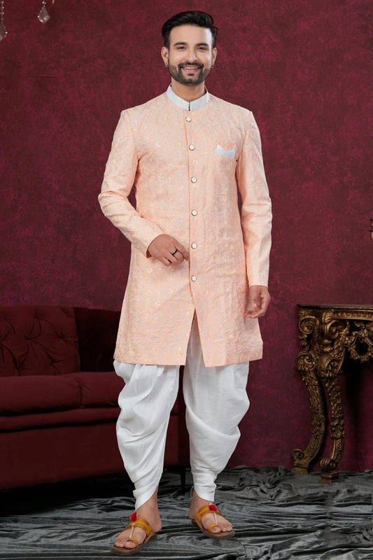 Peach Silk Dupion Dhoti Sherwani NCSH10410162