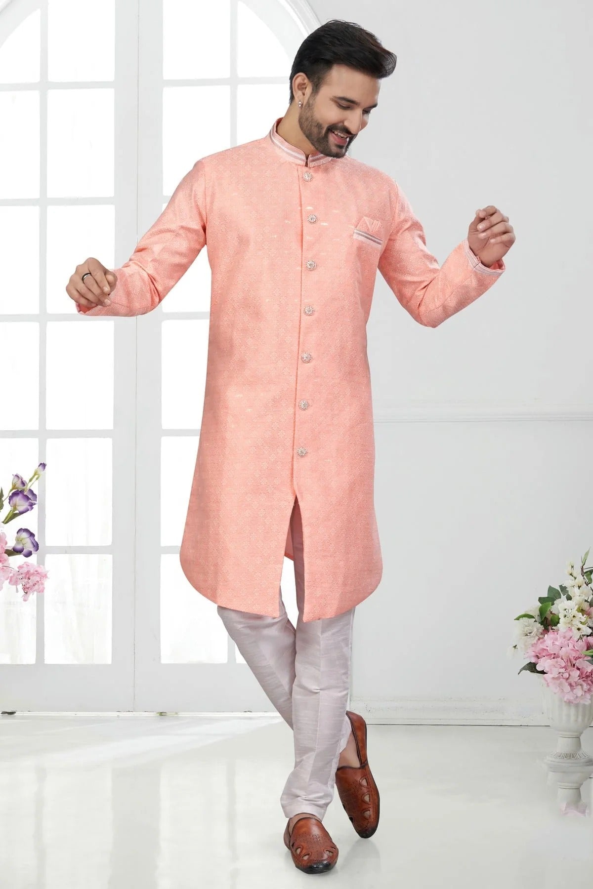 Peach Silk Dupion Sherwani NCSH10410205