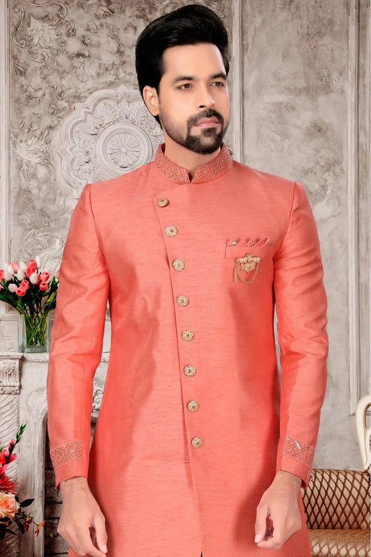 Peach Slub Silk Dhoti Sherwani NCSH10410383