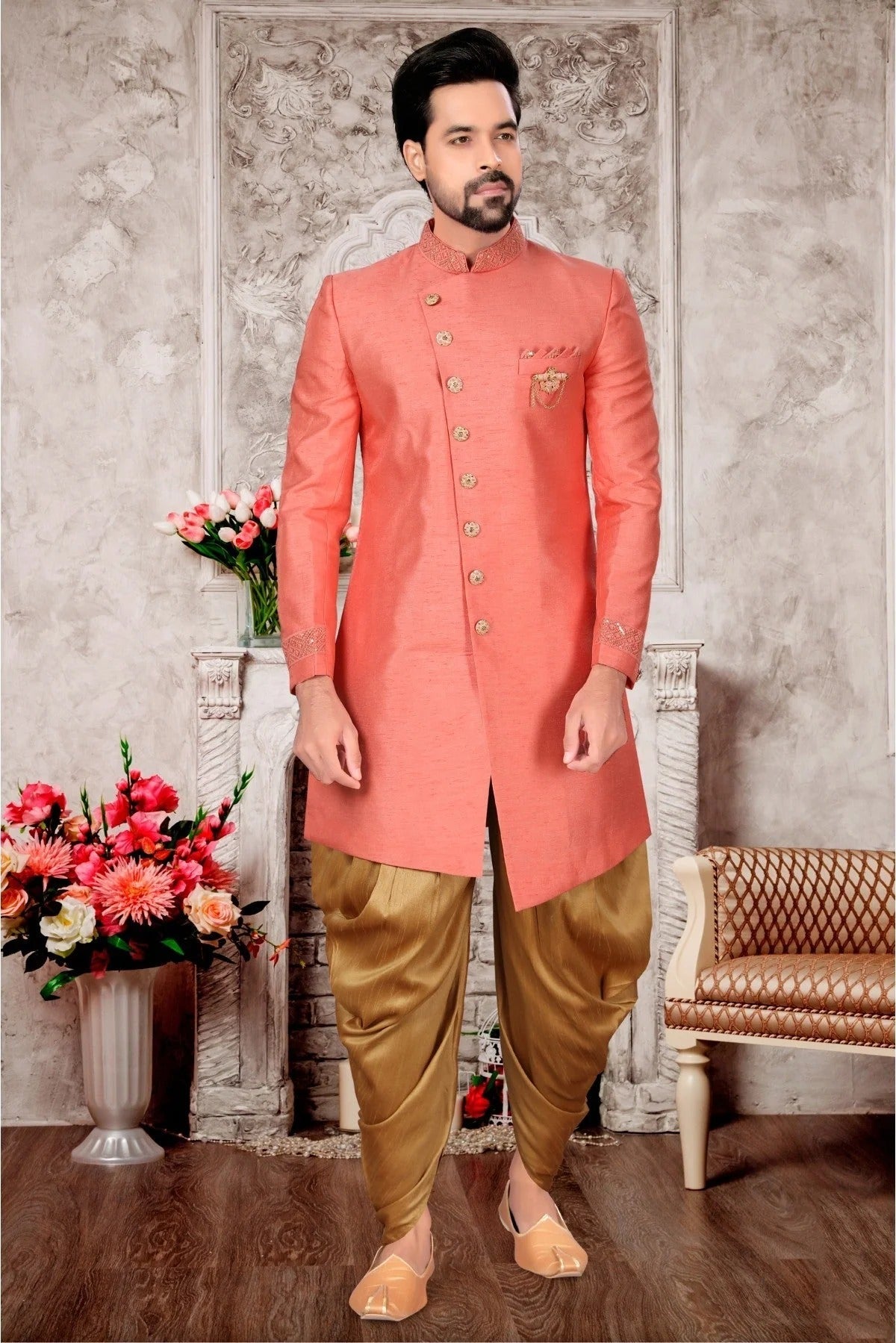 Peach Slub Silk Dhoti Sherwani NCSH10410383