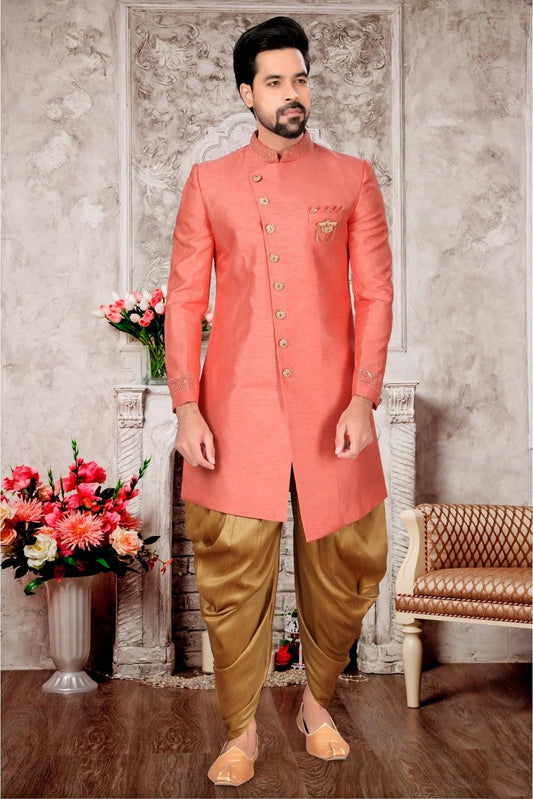 Peach Slub Silk Dhoti Sherwani NCSH10410383