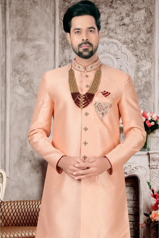 Peach Slub Silk Sherwani NCSH10410407-10