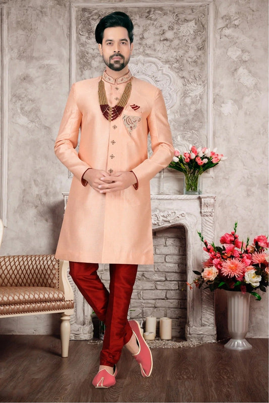 Peach Slub Silk Sherwani NCSH10410407-10
