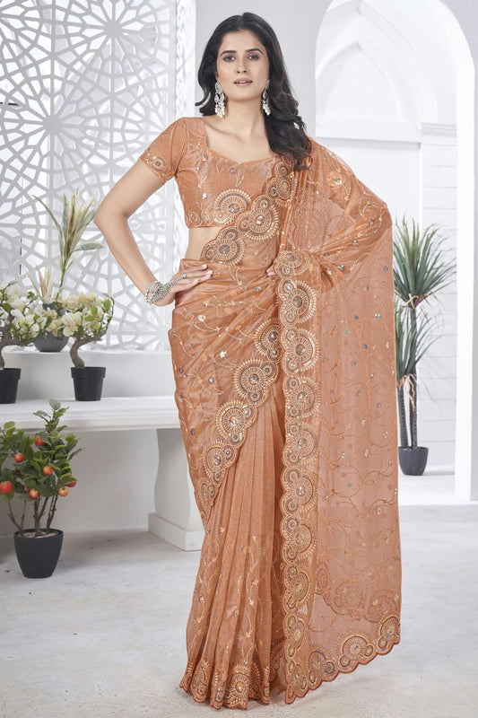 Peach Tissue Net Designer Saree NCSD11111203