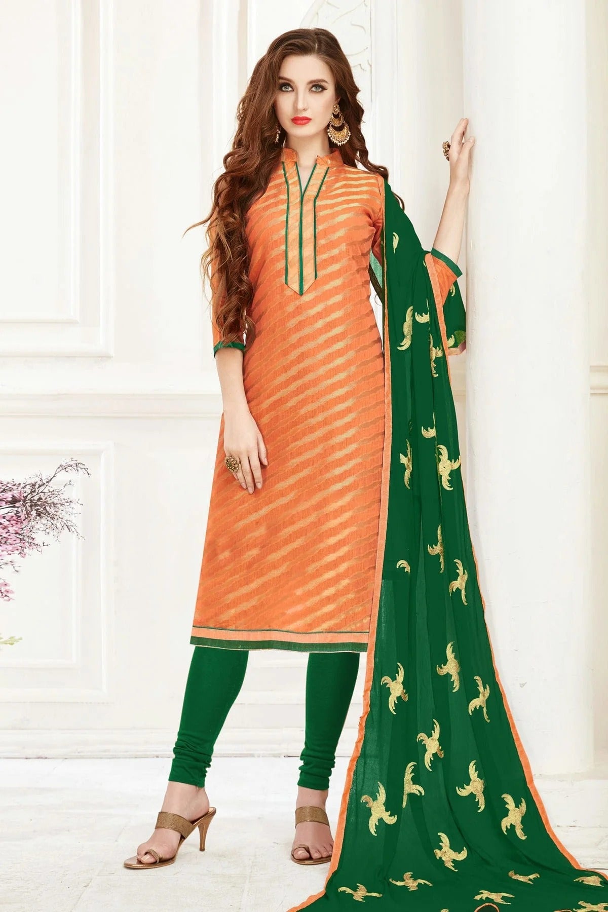 Peach Unstitched Banarasi Jacquard Churidar Suit NCUS11610233
