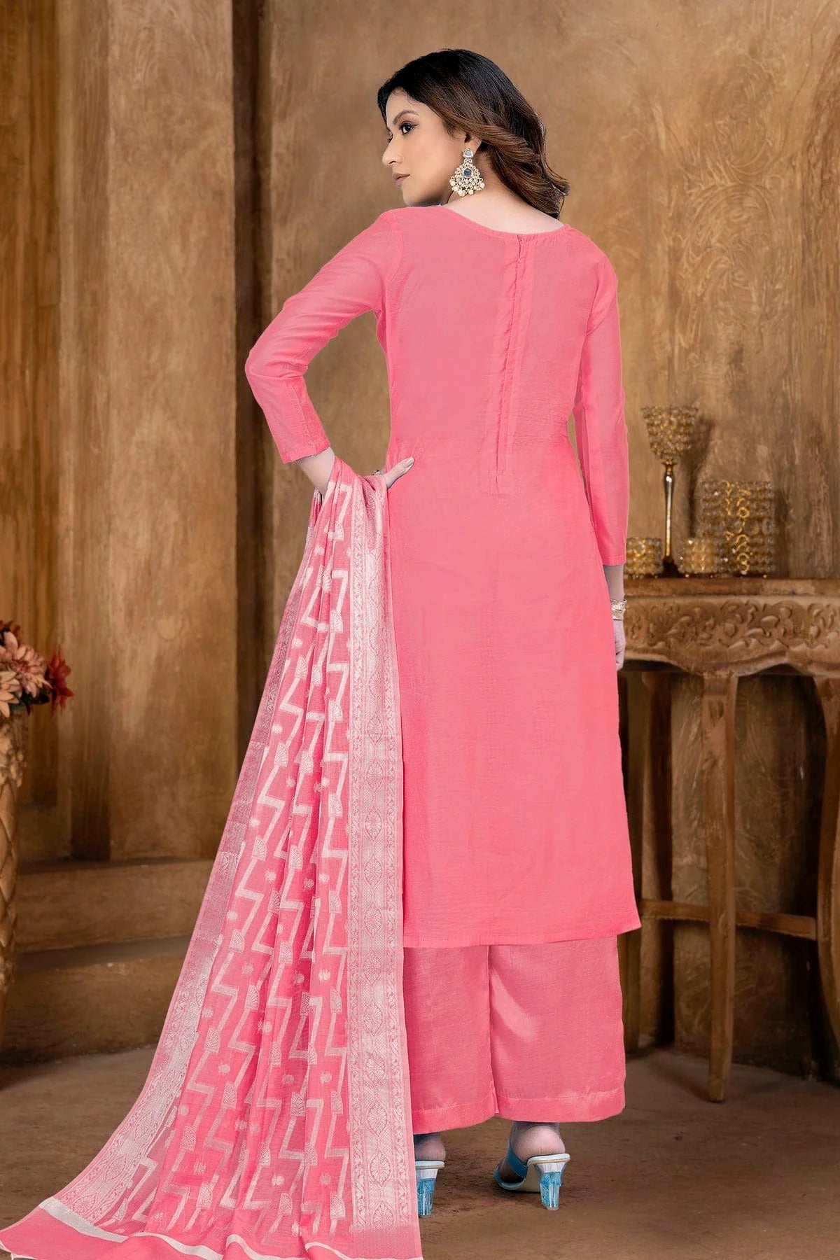 Peach Unstitched Banarasi Jacquard Palazoo Pant Suit NCUS11610110