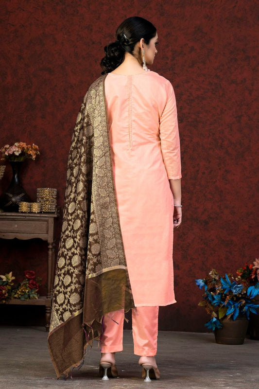 Peach Unstitched Banarasi Jacquard Pant Style Suit NCUS11610105